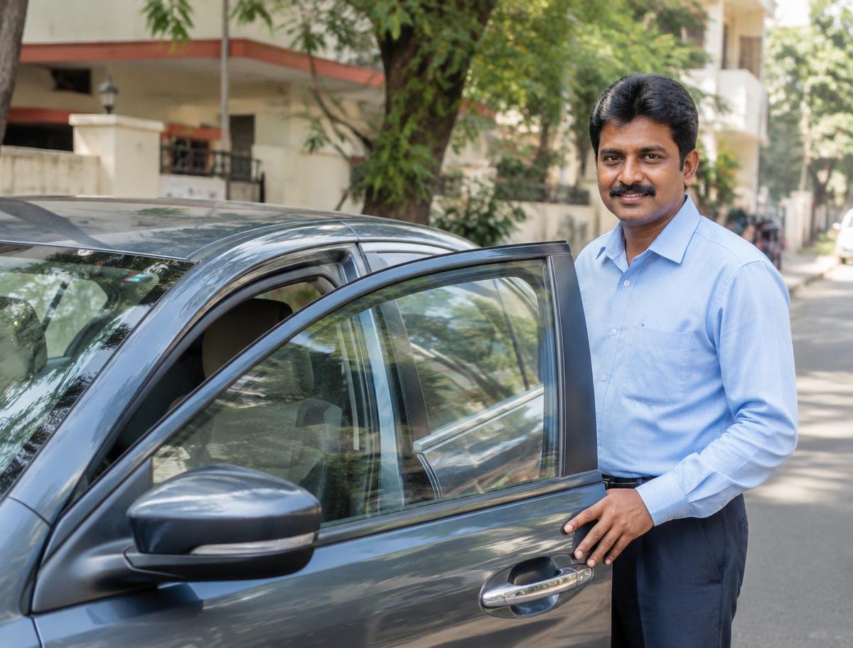 Professional driver in formal attire standing beside a car with the door open