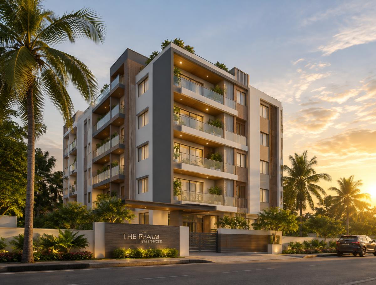 Contemporary residential apartment building in Chennai at golden hour